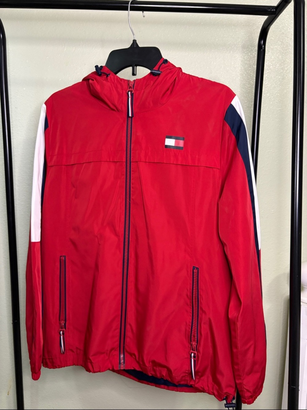 Tommy Hilfiger Red Hooded Windbreaker with White & Navy Sleeve Panels